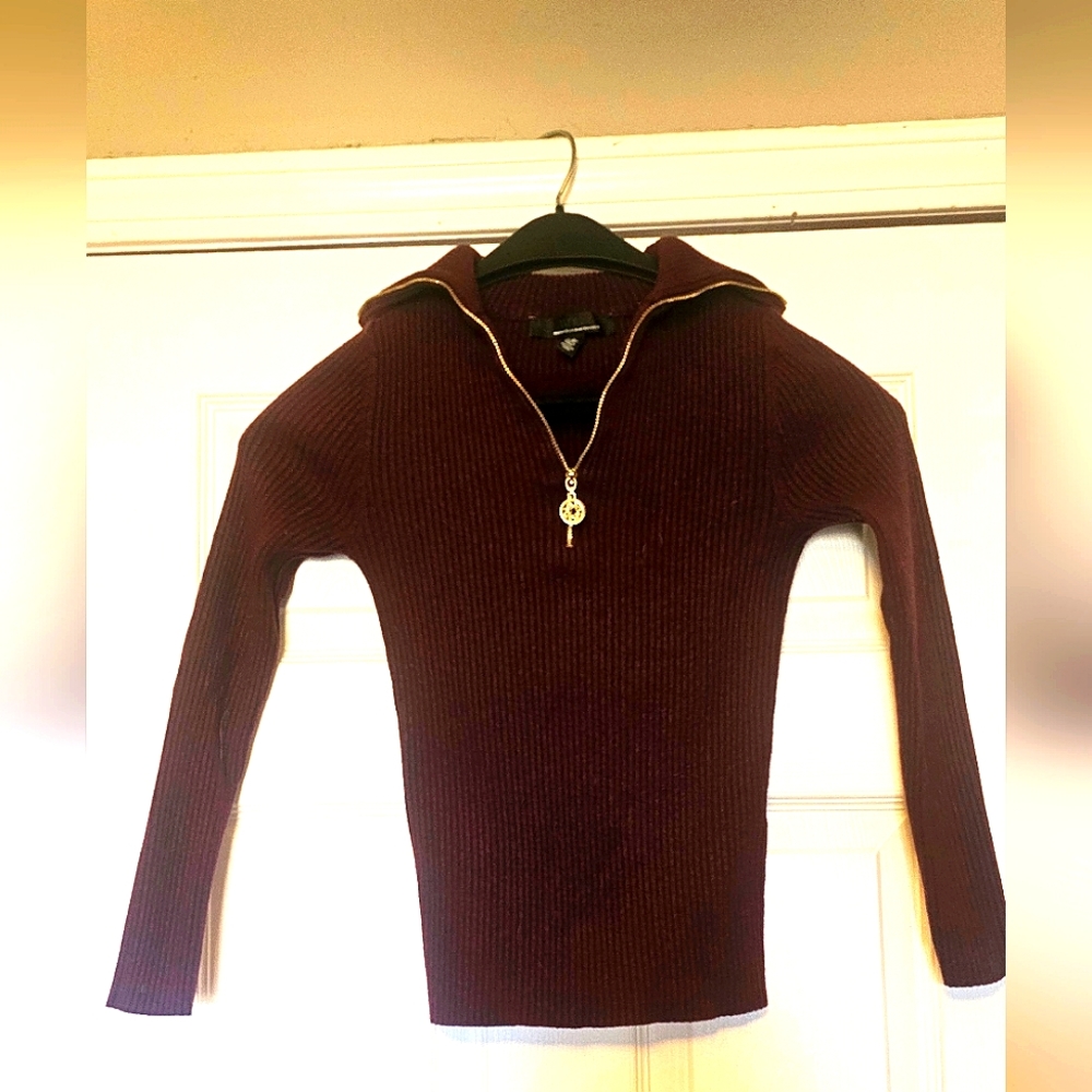 WHBM Sweater, maroon in color, ribbed, size small, half zip